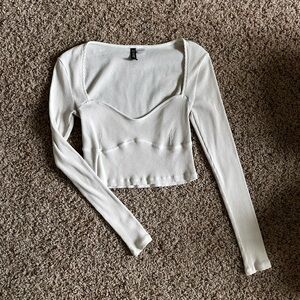 Divided White Ribbed Sweetheart Long-Sleeve Crop Top